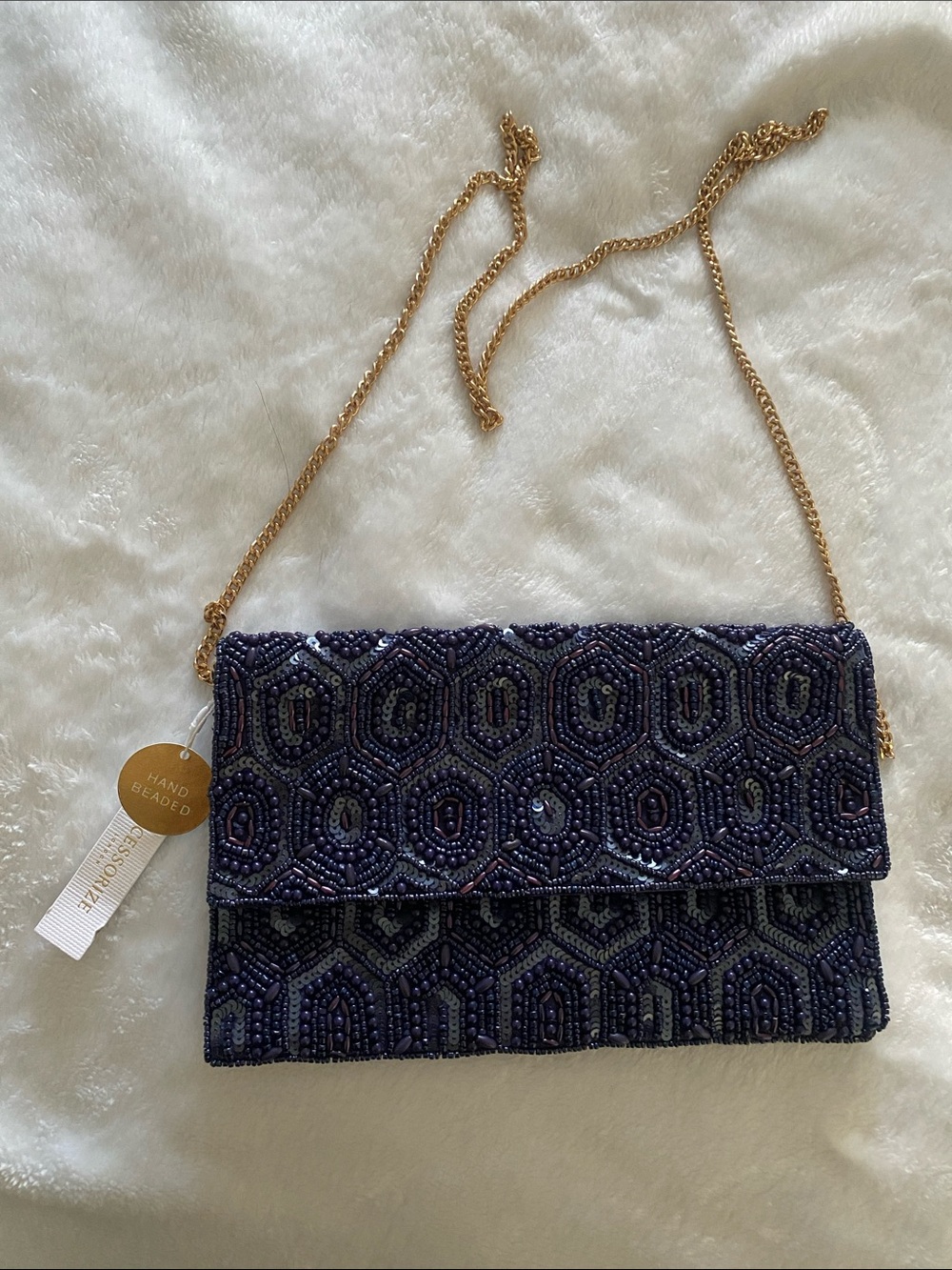 ACCESSORIZE LONDON Hand-Beaded Navy Evening Clutch with Gold Chain